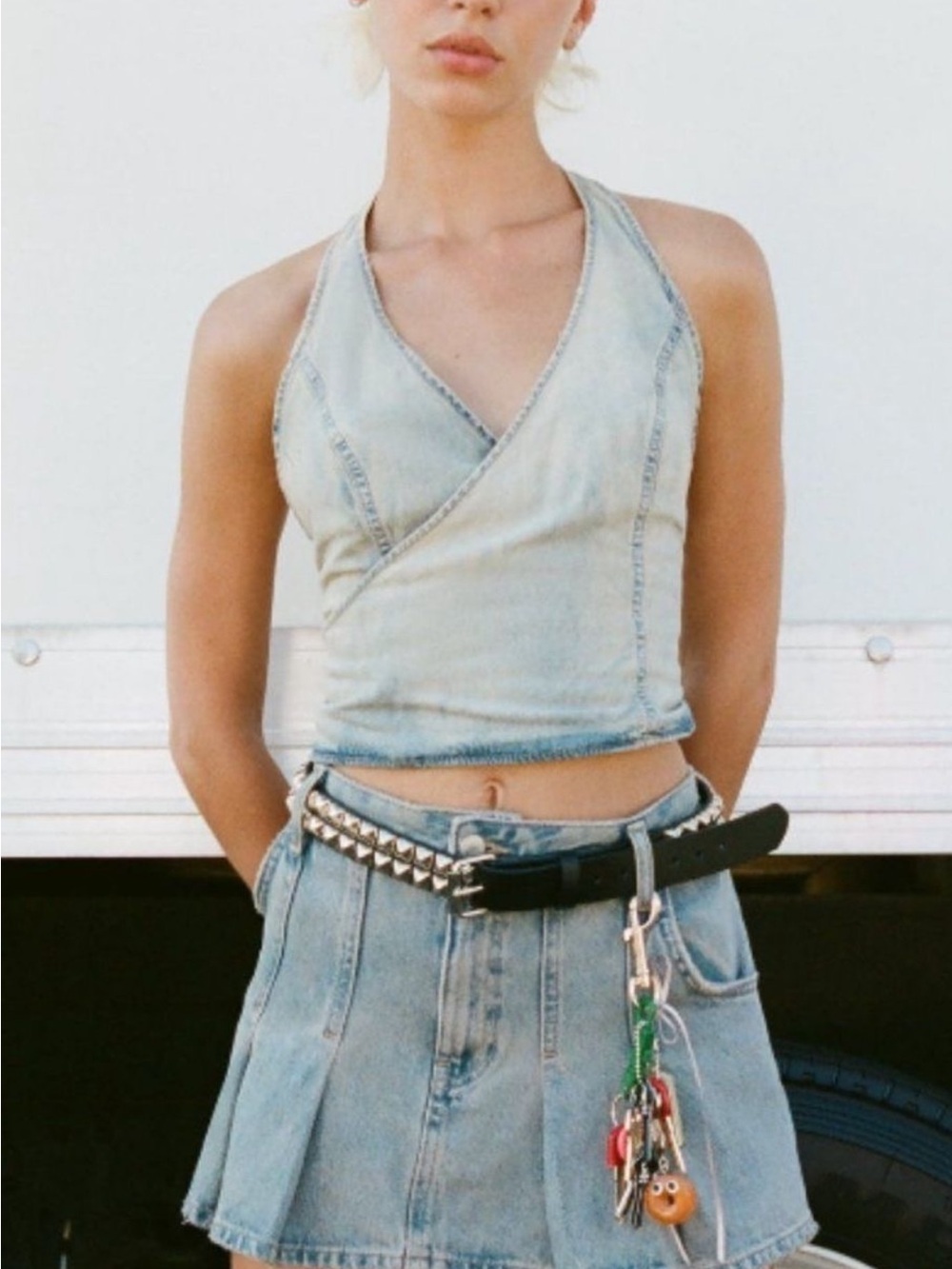 Zara Faded Jean Halter Tie Back Crop